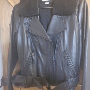 Michael Kors Black Leather Jacket with Belted Waist